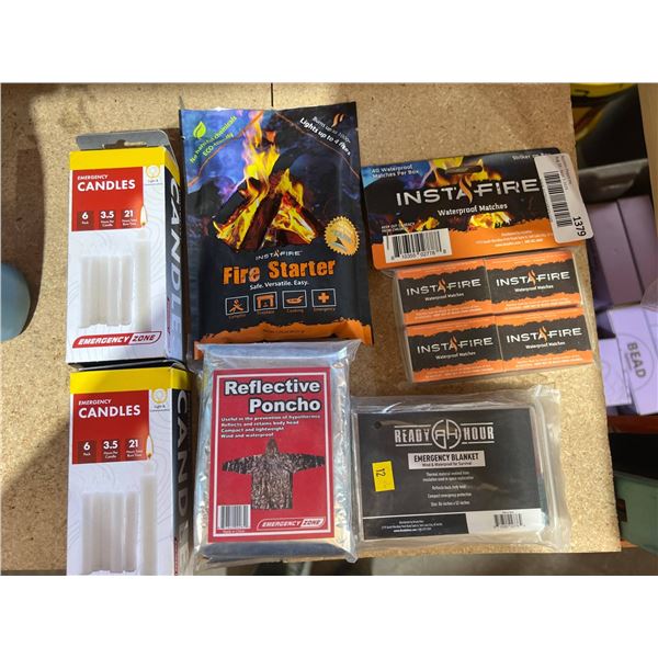 Emergency Survival Kit Items Including Candles, Fire Starters, and More