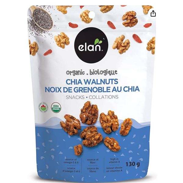 Elan Organic Chia Walnuts, 130g, Non-GMO, Gluten-Free, Vegan, Kosher, Healthy Snacks, Glazed Nuts wi