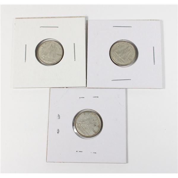 #75 1960 10 CENT SILVER DIMES CANADA LOT OF 3