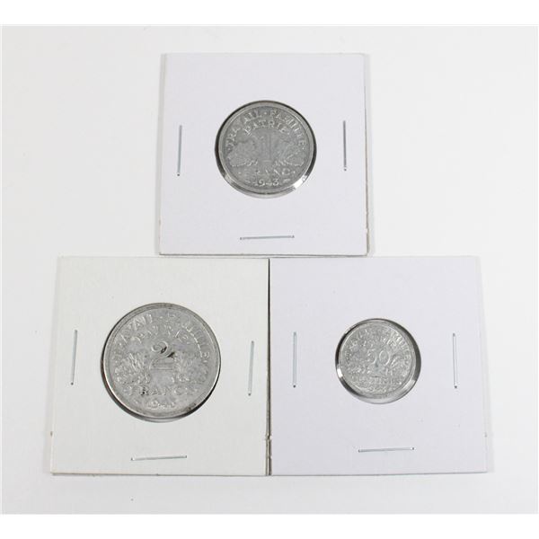 #86 WW2 OCCUPIED FRANCE LOT OF 3 COINS 1943