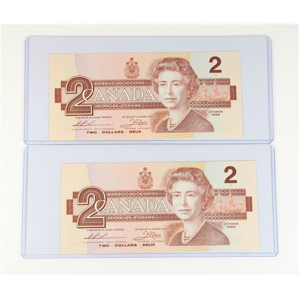 #93  LOT 2 1986 CANADA TWO DOLLAR BILLS SEQUENTIAL