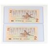Image 2 : #93  LOT 2 1986 CANADA TWO DOLLAR BILLS SEQUENTIAL