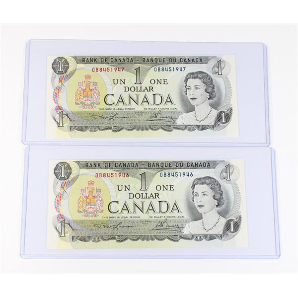 #95 LOT 2 1973 CANADA ONE DOLLAR BILLS SEQUENTIAL