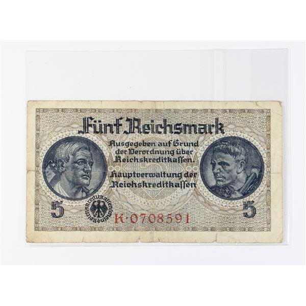 #107 Germany 1940  5 Reichsmark Banknote