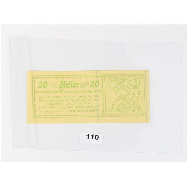 #110 Post WW1 Austrian 1920 20 Heller Paper Money
