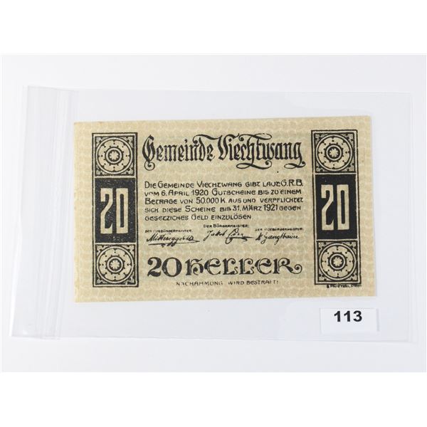 #113 Post WW1 Austrian 1920 20 Heller Paper Money