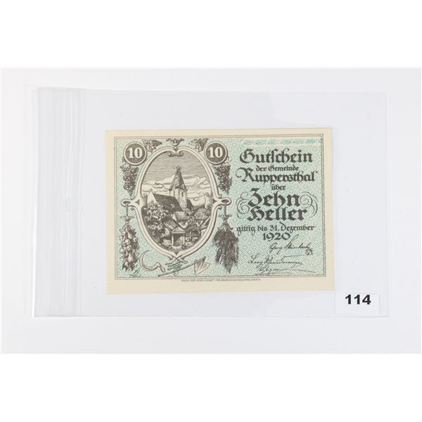 #114 Post WW1 Austrian 1920 10 Heller Paper Money