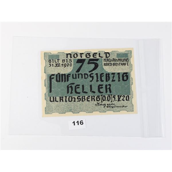 #116 Post WW1 Austrian 1920 75 Heller Paper Money