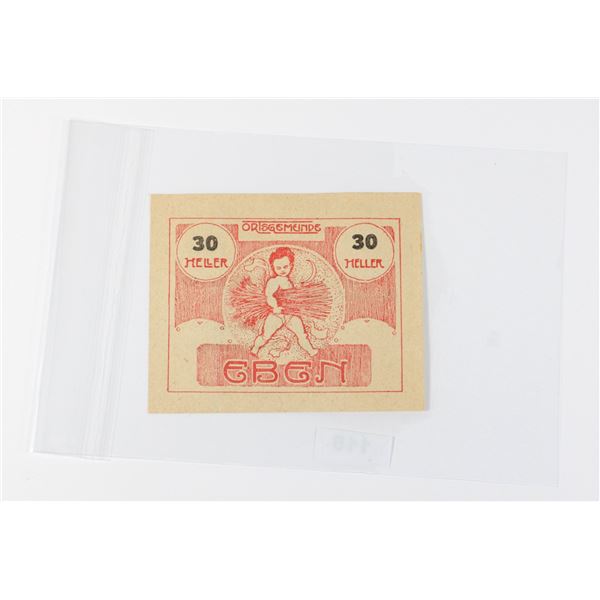 #118 Post WW1 Austrian 1920 30 Heller Paper Money