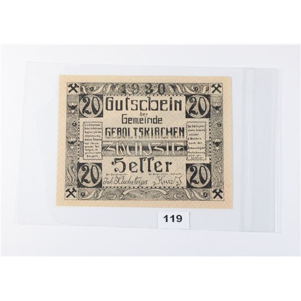 #119 Post WW1 Austrian 1920 20 Heller Paper Money