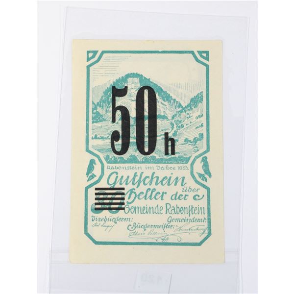 #120 Post WW1 Austrian 1920 50 Heller Paper Money