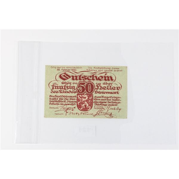 #121 Post WW1 Austrian 1920 50 Heller Paper Money