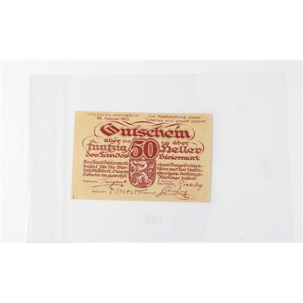 #122 Post WW1 Austrian 1920 50 Heller Paper Money