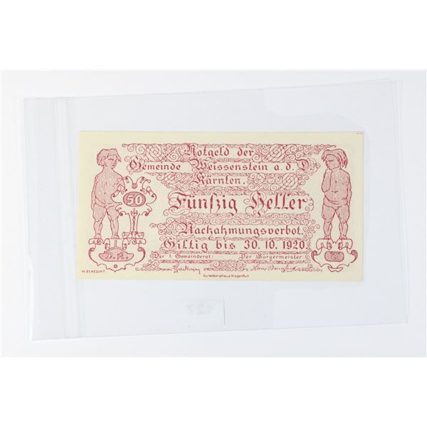 #127 Post WW1 Austrian 1920 50 Heller Paper Money