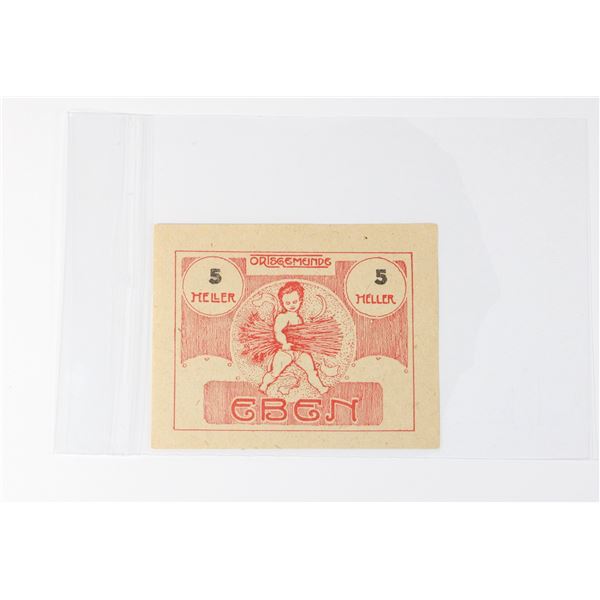 #128 Post WW1 Austrian 1920 5 Heller Paper Money