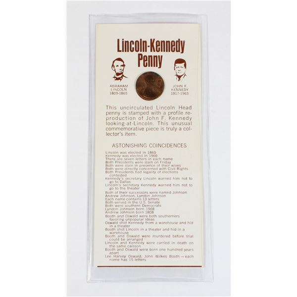 #143 Lincoln Kennedy Penny JFK Stamped in Package