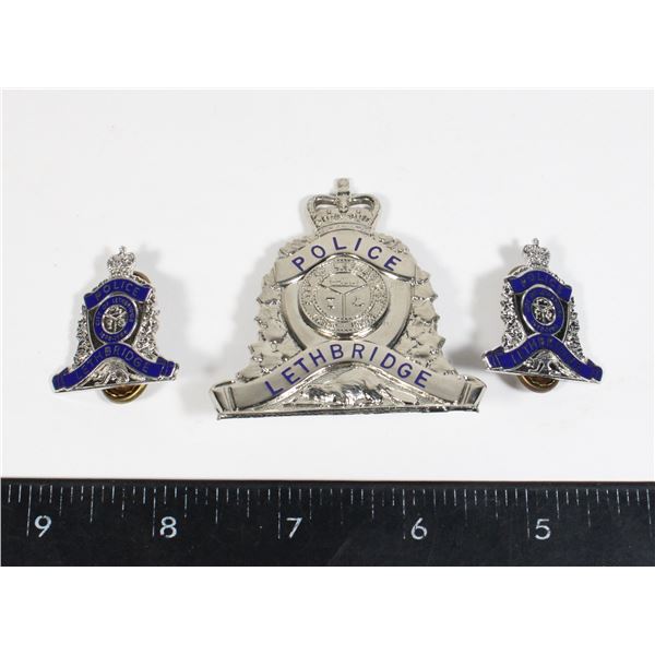 #390 VINTAGE LETHBRIDGE POLICE CAP BADGE + COLLARS