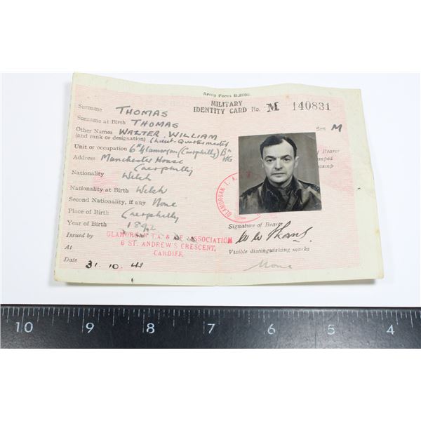 #607 WW2 1941 BRITISH MILITARY ID CARD NAMED
