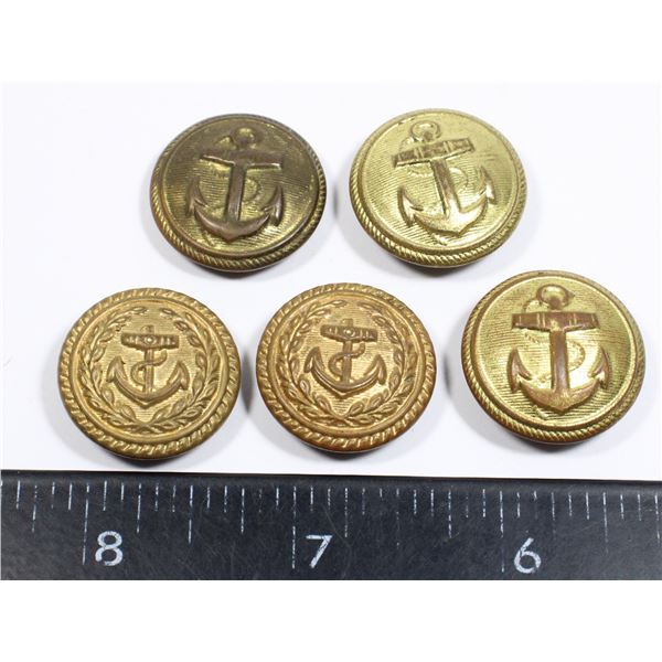 #611 LOT OF 5 ASSORTED NAVAL ANCHOR BUTTONS
