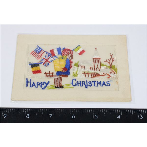 #840 WW1 HAPPY CHRISTMAS ALLIED FLAG SILK POSTCARD