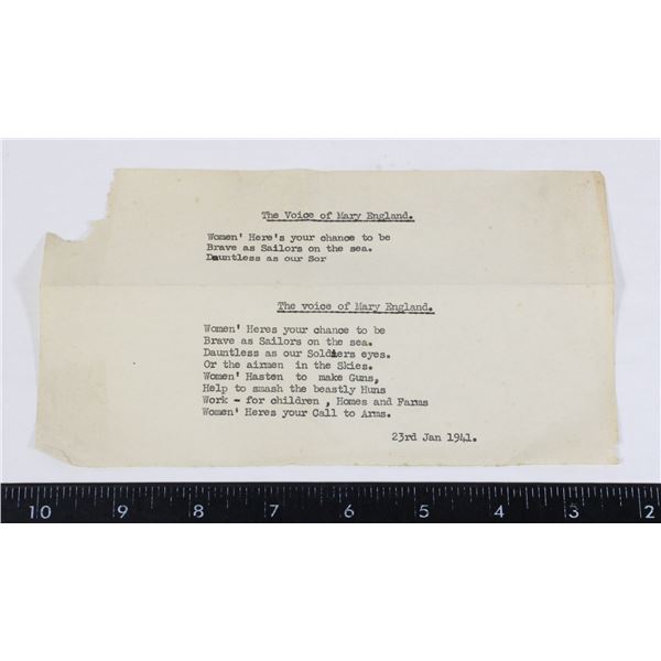 #910 WW2 BRITISH VOICE OF MARY ENGLAND POEM 1941
