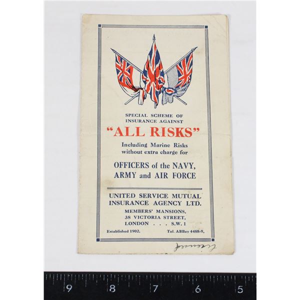 #915 MILITARY INSURANCE BOOKLET LONDON 1900'S