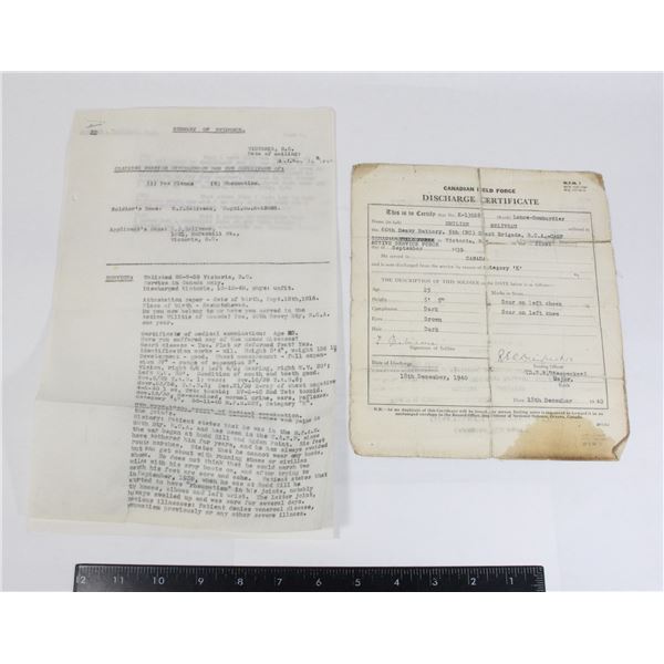 #921 WW2 CANADIAN DISCHARGE CERTICATE 1940 W/