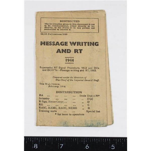 #922 WW2 MESSAGE WRITING AND RT 1944 DOCUMENT