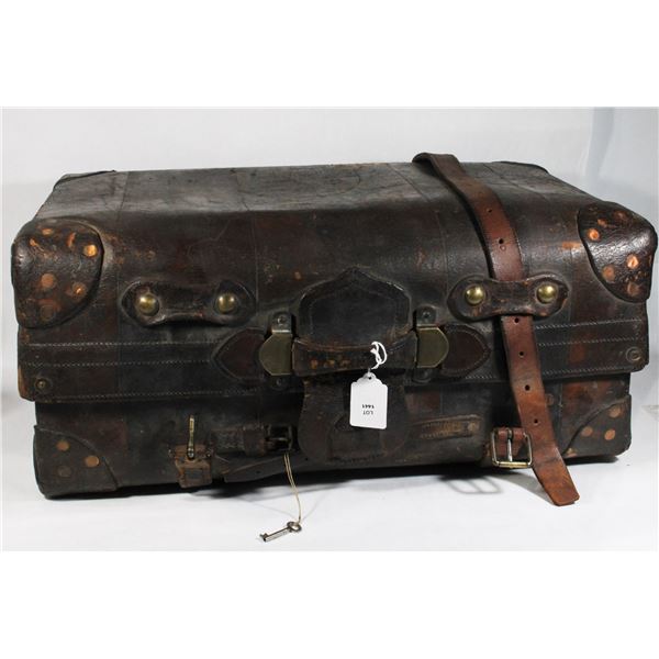 #1441 ANTIQUE LEATHER HEAVY TRUNK EARLY 1900'S