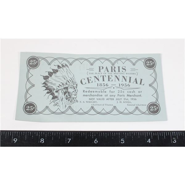 #1564 1856 1956 PARIS CENTENNIAL 25 CENT BILL