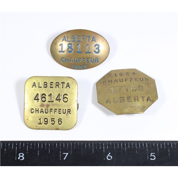 #1594 3 ALBERTA CHAUFFEUR BADGES 1953 1954 1956