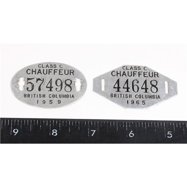 #1596 2 BRITISH COLUMBIA CHAUFFEUR BADGE 1959 1965