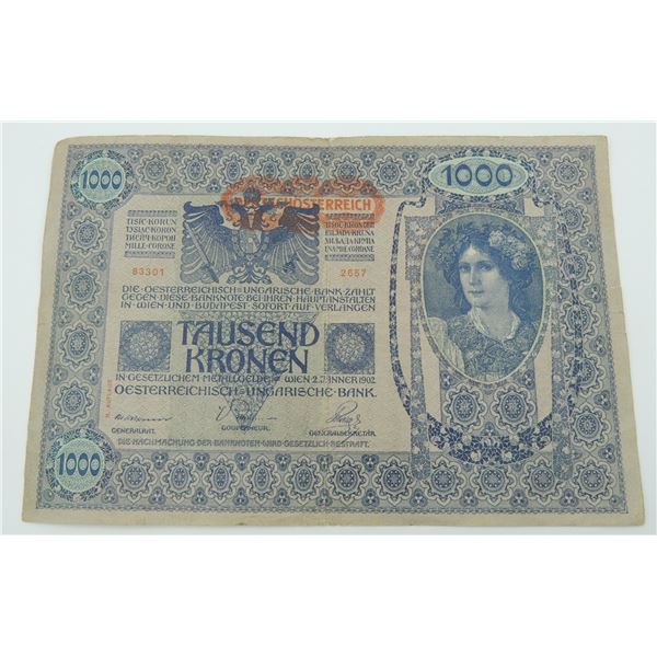 #128A 1902 AUSTRIAN EMPIRE 1000 KRONEN PAPER MONEY