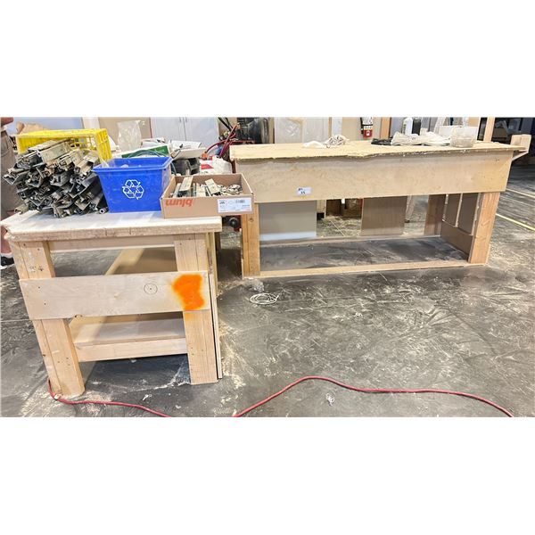TWO WORKBENCHES AND CONTENTS. 7'X39", 7'X36". CONTENTS INC HINGES, DRAWER GLIDES, GLUE, ETC