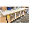 Image 2 : 2 WORKBENCHES WITH CONTENTS. 7'X3' AND 90"X42". RIDGID BATTERY RADIO, CLOCK, SCREWS, SPRAY CANS, ETC