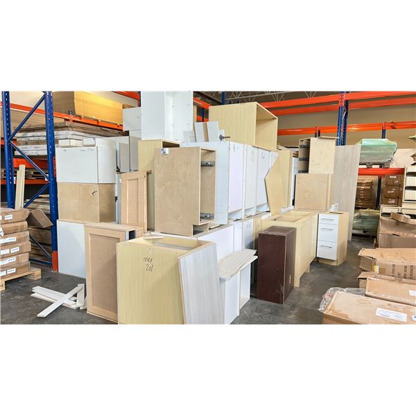 LARGE LOT KITCHEN CABINET BOXES. UPPERS AND BASES, SOME VANITY HEIGHT. SOME DOORS. OVER 70 PIECES.