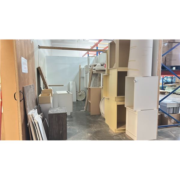 GROUP LOT OF ASST CABINETS, FINISHING PANELS, LAZY SUSANS, ETC. MUST TAKE ALL