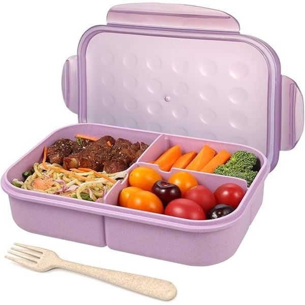 2 Wheat Fiber Bento Lunch Boxes (3-Compartment); Cutlery Included - Purple - New Sealed