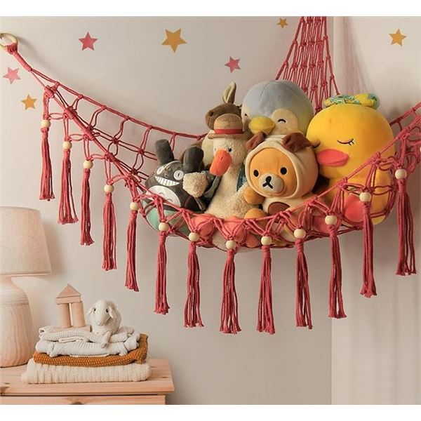 1 Stuffed Animal Toy Storage Hammock - Macrame Hanging Design - Red - New