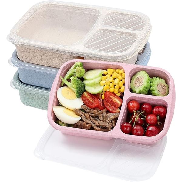 4-Pack of Bento Lunch Boxes; 3-Compartment Lunch Storage/Meal Prep Containers - New
