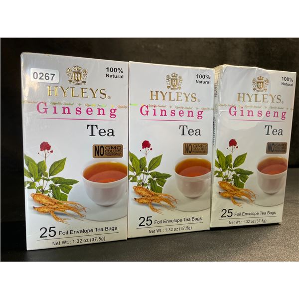 3 Boxes of HYLEYS Ginseng Tea - 25 Foil Envelope Tea Bags Each (1.32oz) - New