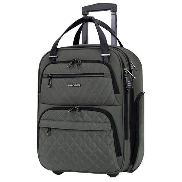 1 KROSER Carry-On Underseat 16" Multi-Function Lightweight Suitcase - Army Green - NEW