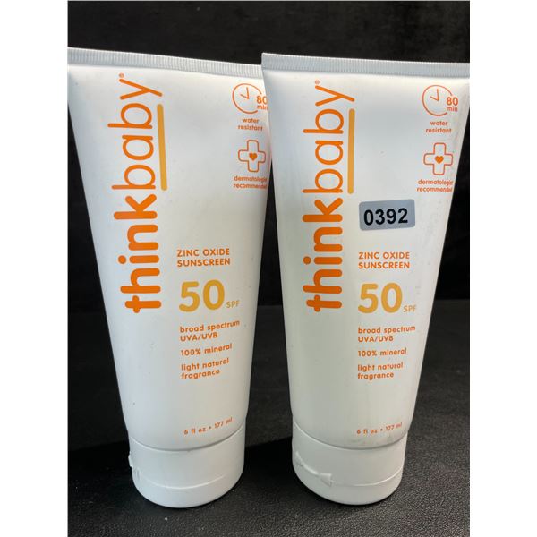 2 ThinkBaby Sunscreen Lotions; SPF 50 Broad Spectrum Zinc Oxide Sunscreens - 177ml - New