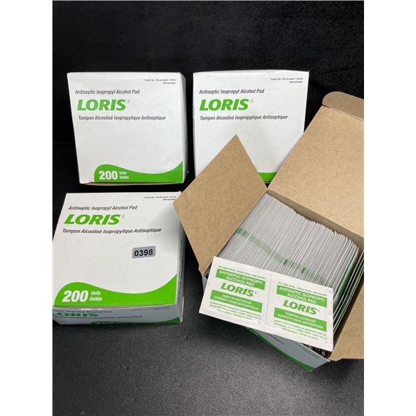 4 Boxes of Loris Antiseptic Isopropyl Alcohol Pads - 200 Units Per Box - New