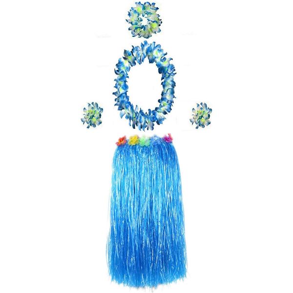 3 Hawaiian Luau Costume Sets; Hula Grass Skirt with Flower Lei & Flower Hand Wreaths - New