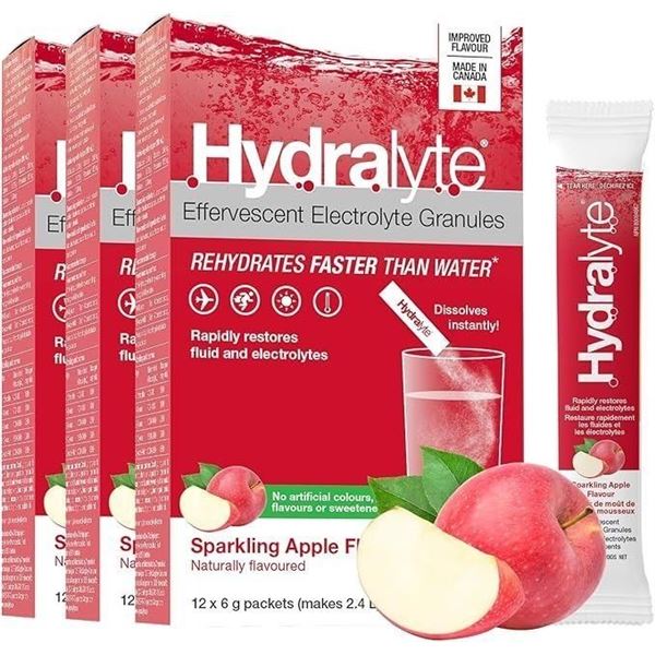 3 Boxes of Hydralyte Electrolyte Powder - 12 x 6g Packets Per Box (Sparkling Apple Flavour) - New