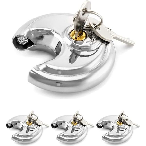4-Pack of Stainless Steel Disc Padlocks with 3/8" Shackle - 2 3/4" Wide - For Storage/Sheds - New