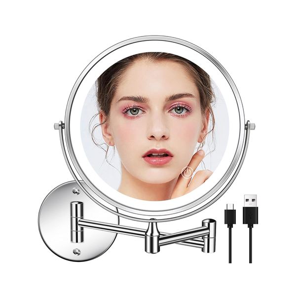 1 8" LED Wall Mounted Rechargeable Vanity Mirror with Extend and Swivel - New