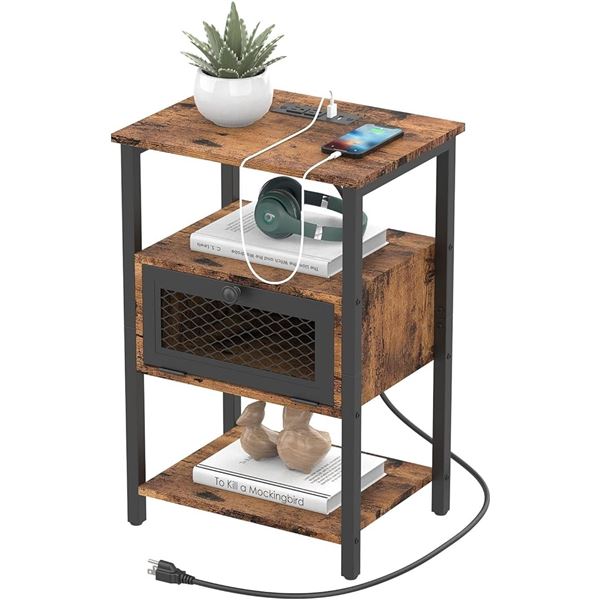1 Farmhouse Side Table Nightstand with Charging Station/USB Ports - Rustic Brown - New (Assem. Req)
