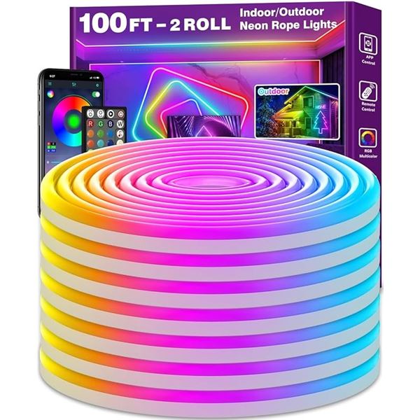 100FT Ailbton LED Neon Rope Light Kit; App/Remote Control Waterproof RGB Neon Rope Lights - New